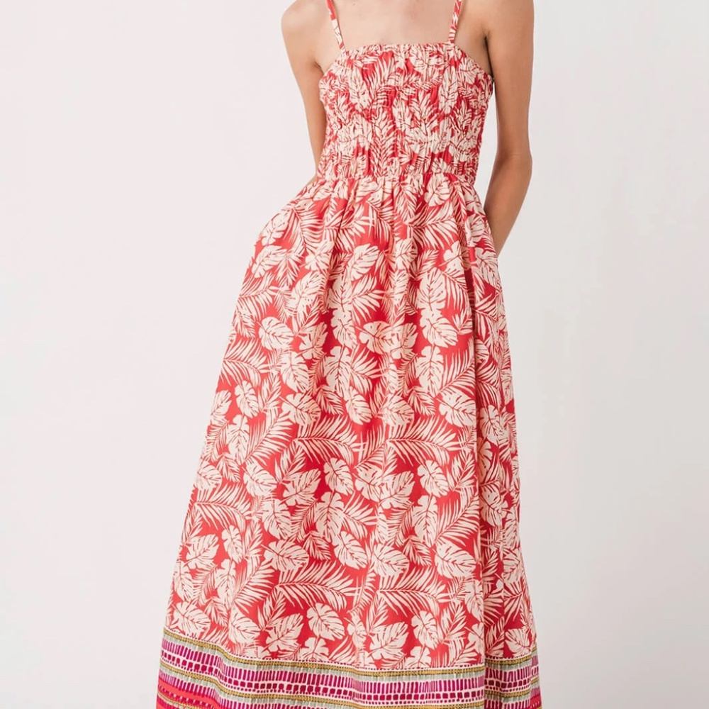 Fate Border Print Smocked Bodice Midi Dress